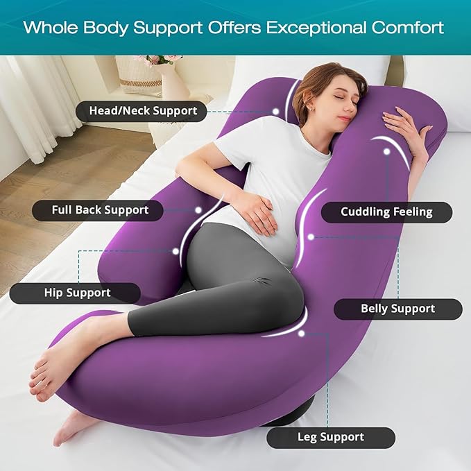 Sasttie Pregnancy Pillows for Sleeping, Jumbo U Shaped Cooling Full Body Pillow with Removable Cover, Pregnant Women Must Haves, Maternity Essential, Purple
