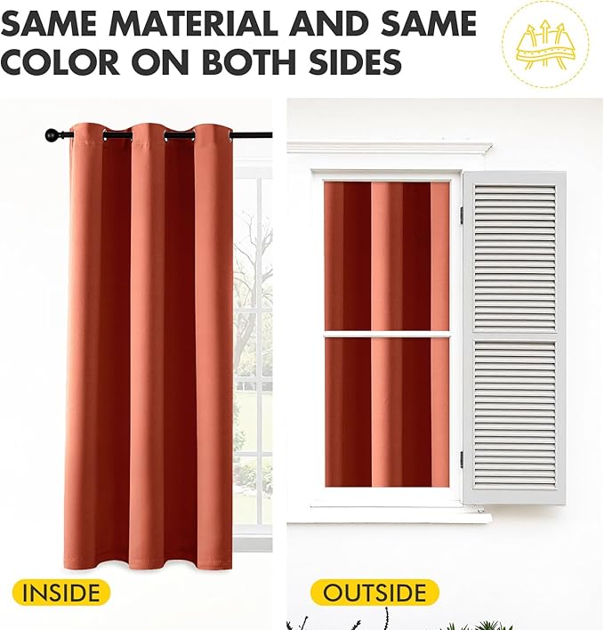 MIULEE Burnt Orange Blackout Curtains for Bedroom Living Room 63 Inches Long 2 Panels, Thermal Insulated Room Darkening Drapes Solid Grommet Top Noise Reduction Terracotta Rust Fall Window Treatments
