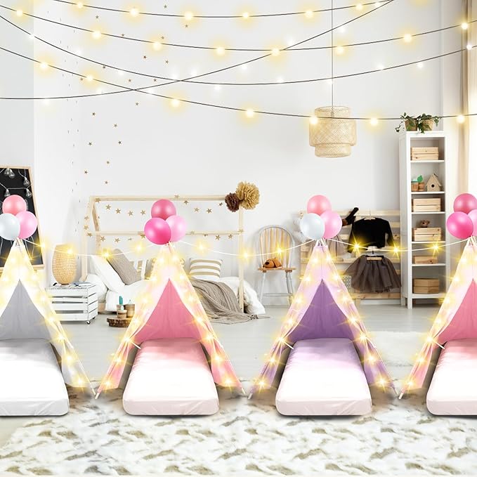 6 Pack Sleepovers Teepee Tent for Kids Bulk with Mattress Sheet Light,Natural Cotton Washable Indoor Play Tent for Birthday Slumber Party Girls Boys Pajama Movie Night Supplies(Pink, Purple, White)