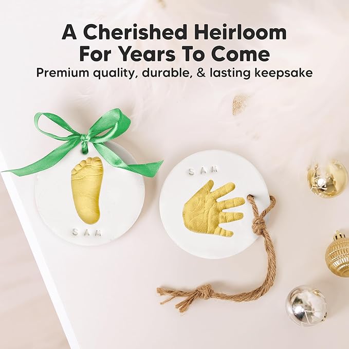 Baby Hand and Footprint Kit Girls, Boys - Personalized Baby Footprint Ornament Kit, Newborn Keepsake Gifts for New Mom, Easy to Use Handprint Makers, Cute Shower Gifts (Gold Paint, Cherish)