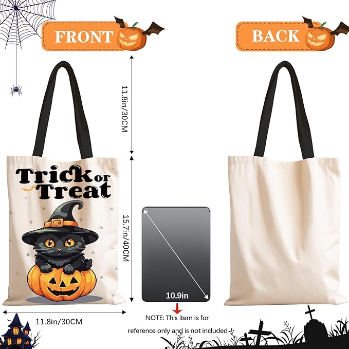 TYL&TYS Halloween Treat Bags, 3Pcs Trick or Treating Bags, Halloween Candy Canvas Tote Gift Bags (Trick or Treat, Cat, Pumpkin), Reusable Grocery Boo Basket Bag for Kids