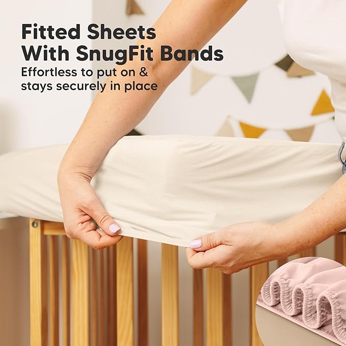 Waterproof Crib Mattress Protector Cover Fitted - 2-Pack Quiet Baby Crib Mattress Pad Sheets, 52" x 28" Soft Quilted Cotton Baby Sheet, Machine Washable, Easy Fit, Durable (Cameo/Mavy)