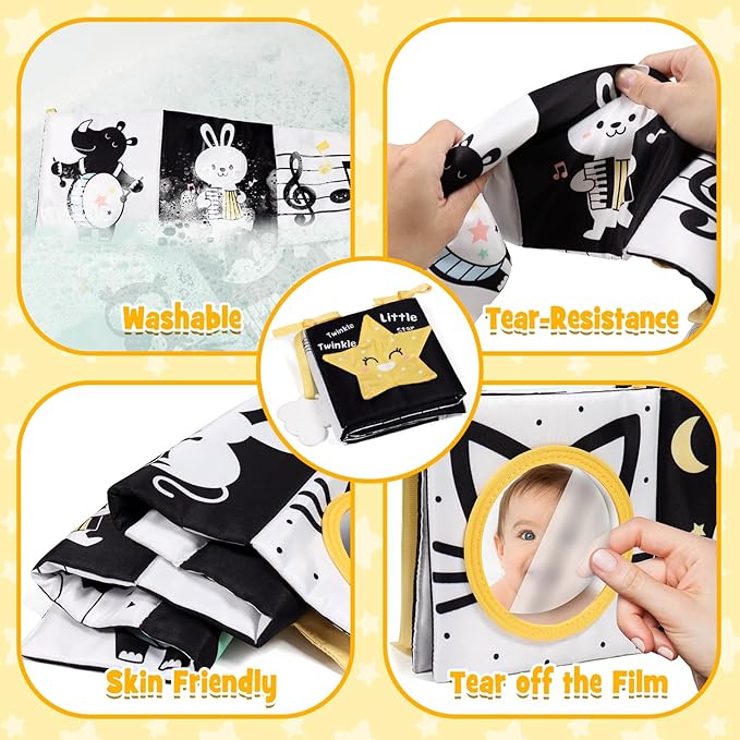 OKOOKO Black and White Baby Book High Contrast Baby Toy 0-6 Months Baby Soft Book Tummy Time Toy Crib Stroller Toy Montessori Sensory Toy Early Education for 0-6 6-12 Months Newborn Baby Infant