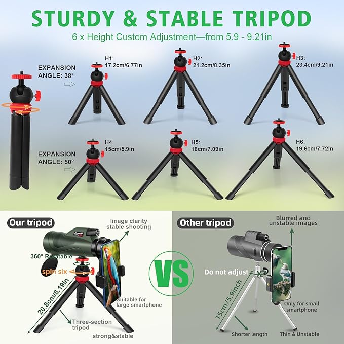 Pankoo 12x60 HD Monocular Telescope for Adults | Comes with Smartphone Adapter Tripod Hand Strap | Suitable for Bird Watching Sports Hiking Traveling