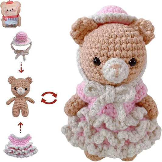 LoopMap Crochet Kit for Beginners - DIY Amigurumi Bear with Removable Dress & Accessories - Step-by-Step Video Tutorials, Extra Yarn, Crochet Tools, Handmade Gift for Kids & Adults (Bear K02, Pink)