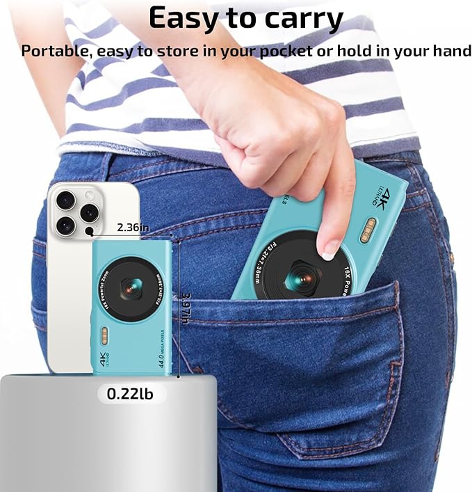 Upgrade Digital Camera, FHD 4K 44MP Autofocus Digital Point and Shoot YouTube Camera with 16X Zoom, 32GB SD Card, Compact Digital Camera Cheap for Teens Boys Girls Kids Blue Camera