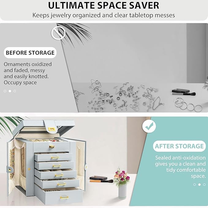 AKOZLIN Functional 6-Tier Jewelry Box Organizer with 5 Drawers Leather Jewelry Storage Case for Women Girls Ring Necklace Earring Bracelet Holder Organizer with Mirror Grey