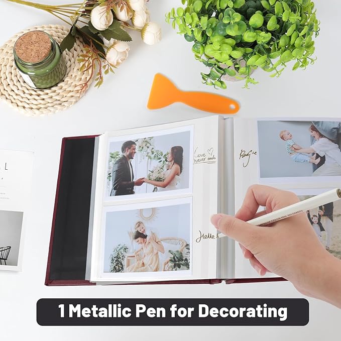 RECUTMS Small Photo Album Self Adhesive Scrapbook Magnetic Photo Albums for 4x6 5x7 8x10 Pictures for Baby Family Wedding 40 Pages with Metal Pen and Plastic Board (Brown)