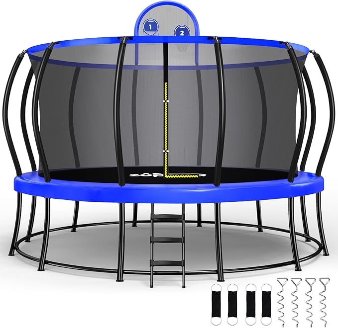 Zupapa 1800LBS Weight Capacity Double Frames Trampoline with No-Gap Design Curved Poles 16 15 14 12 10FT Trampolines with Enclosure Net for Kids Adults, Outdoor Family Fun