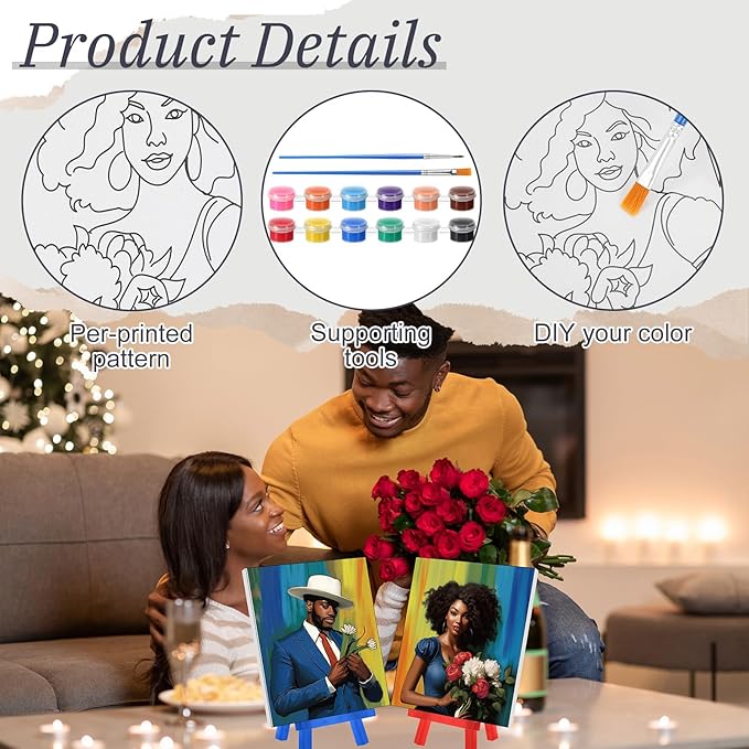 Blosssound 10 Set Pre Printed Canvas Pre Drawn Canvas Painting with Easel Kits 5" x 7" Outline Painting Panels for Beginners, DIY Craft Project, Party Favor, Home Decors(Black Couple)