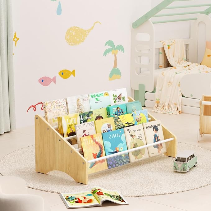 Sturdy Wooden High-Transparent 4 Tier Kids Bookshelf, Perfect Kid-Friendly Height Book Shelf for Kids Rooms - Toddler Book Shelf Display for Nurasery, Deep Size Bookshelf Hold More Books