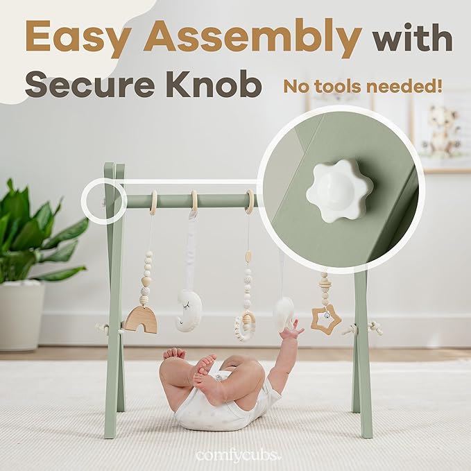 Comfy Cubs Wooden Baby Play Gym - Natural Finish Pinewood Baby Activity Gym with 5 Sensory Hanging Toys - Easy No-Tool Assembly, Safe and Durable for Infant Motor and Visual Development - Sage