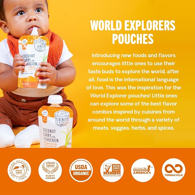 Serenity Kids 7+ Months World Explorers Stage 2 Baby Food Pouches - BPA-Free Pouches - Organic Meat & Veggie Puree with Ethically Sourced Beef - 3.5 Oz, 6 Pack