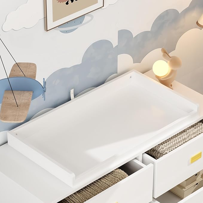 6 Drawer Baby Dresser, Nursery Dresser with Changing Topper, Long Cabinet for Infant Cloth Organize, Changing Station for Nursery and Kids Bedroom Storage, White (45.3" W x 18.9" D x 30.1" H)