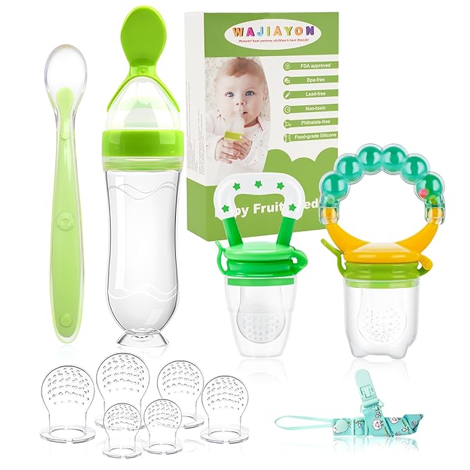 WAJIAYON Baby Fruit Feeder Pacifier - 12 Pack | 2 Infant Food Feeder Pacifier & 1 Babies Food Dispensing Spoon | Fresh Fruit Teethers for Babies | Silicone Feeder Baby,Infant Teething Feeders(Green)