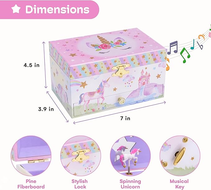 Jewelkeeper Jewelry Box for Girls with 1 Drawer - Unicorn Musical Jewelry Boxes, Beautiful Dreamer Tune, Spinning Unicorn Doll, Little Girl Music Box, Gifts for 5 Year Old Girls (Engineered Wood)