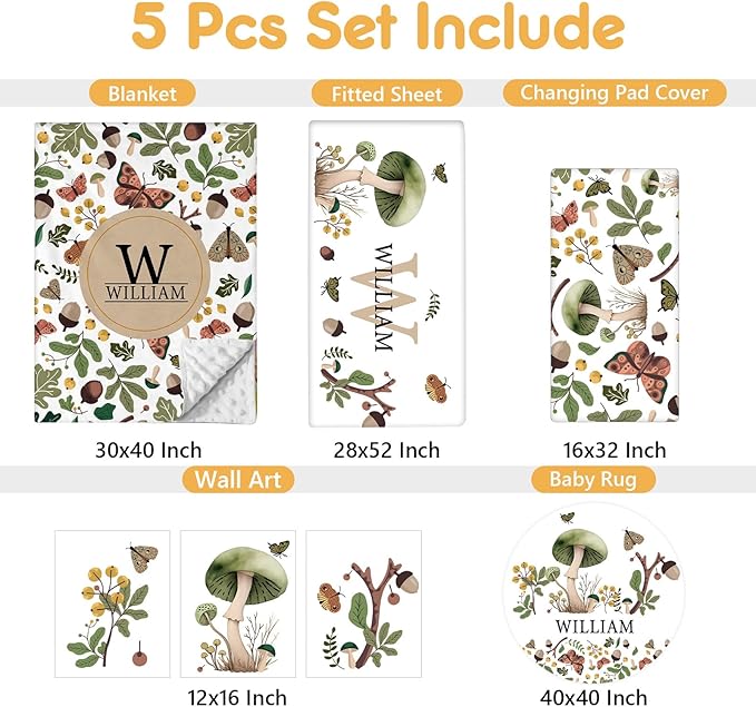 Personalized Crib Bedding Set, 5 Pcs Custom Nursery Bedding Sets with Name, Infant Bedding Set for Baby Boy Girl, Mushroom Double Layer Baby Crib Set, Babies Toddlers Kids Customized Gifts