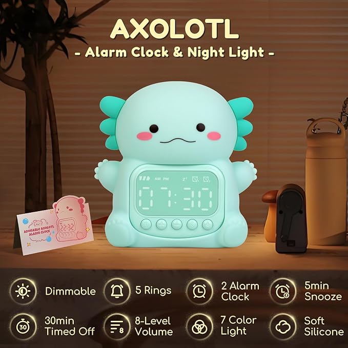 Axolotl Alarm Clock with Night Light for Kids, 7 RGB Color Cute Alarm Clocks for Bedrooms Ok to Wake Clocks, Silicone Animal Tabletop Lamp for Teen Girls Boys, Green