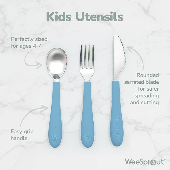 Kids Stainless Steel Utensils Set - Premium 18/8 Grade Silverware Kit - 2 Spoons, 2 Forks, and 2 Knives for Ages 4-7 - Silicone Easy-Grip Handles - Children Flatware Cutlery (Matte - Green, Blue)