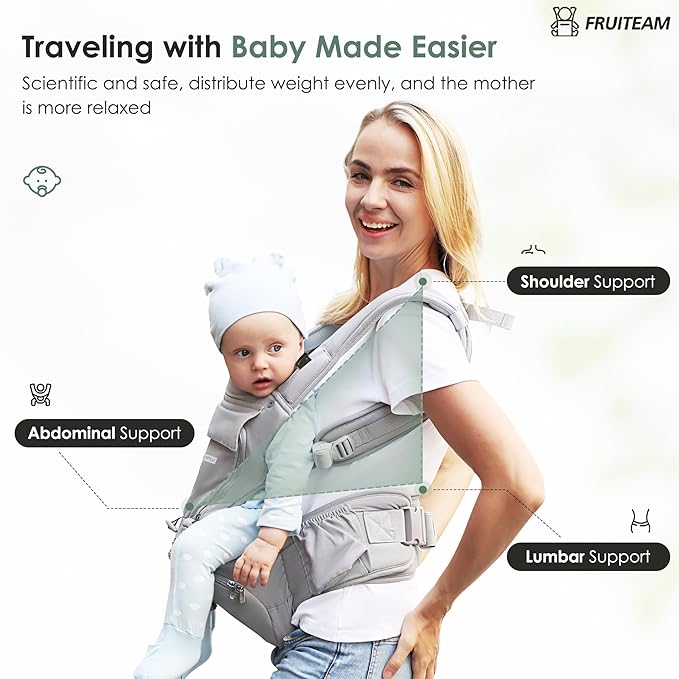 FRUITEAM Baby Carrier Newborn to Toddler - Safety-Certified Waist Stool with Hip Seat, Ergonomic 6-in-1 Baby Carrier with Head Support, Great for Travel and Outdoor Activities