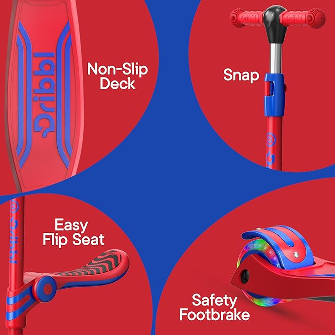 Red and Blue 3 Wheel Scooter with Seat for Kids – Light-Up LED Wheels, Adjustable Handlebar and Seat, Smooth PU Wheels, Wide Anti-Slip Deck, Rear Foot Brake – Toddler Outdoor Toys for Ages 2+