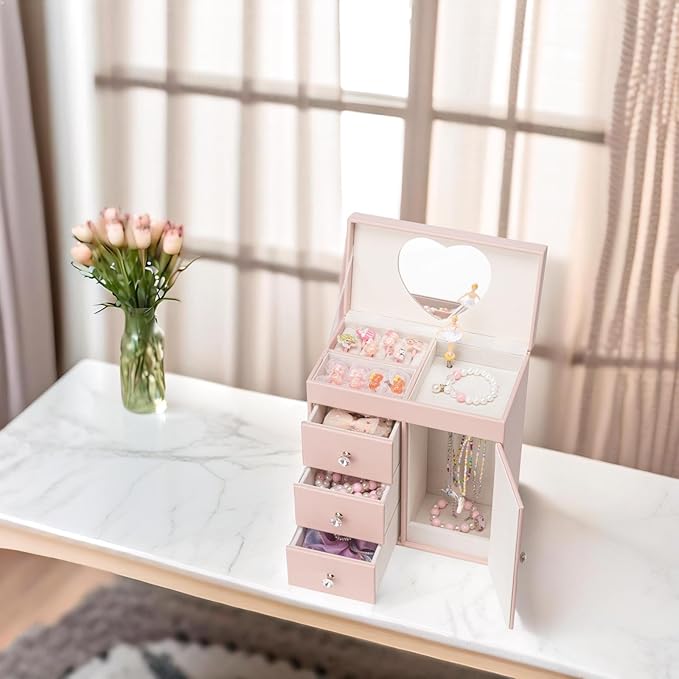Vlando Musical Jewelry Box with Spinning Ballerina, Girls’ Jewelry Organizer for Necklaces Rings and Hair Accessories, Gift for Girls and Kids, Pink