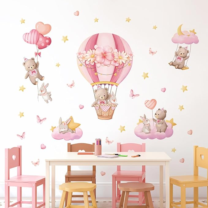 Tanlaby Pink Hot Air Balloon Wall Stickers Cartoon Bear Rabbit Stars Heart Wall Decals Peel and Stick Art Decor for Girls Bedroom Baby Nursery Kids Playroom Classroom