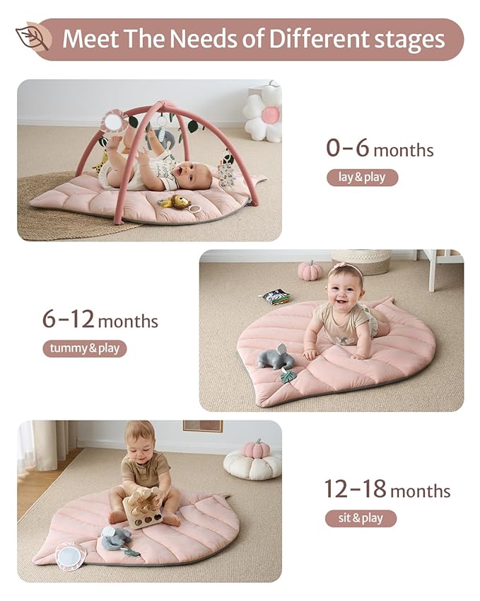 Blissful Diary Baby Play Gym & Activity Mat, Oversize Leaf Shaped Tummy Time Baby Play Mat w 6 Detachable Toys Promotes Motor Skills & Sensory Development, Newborn Infant Essentials Gift, Crystal Pink