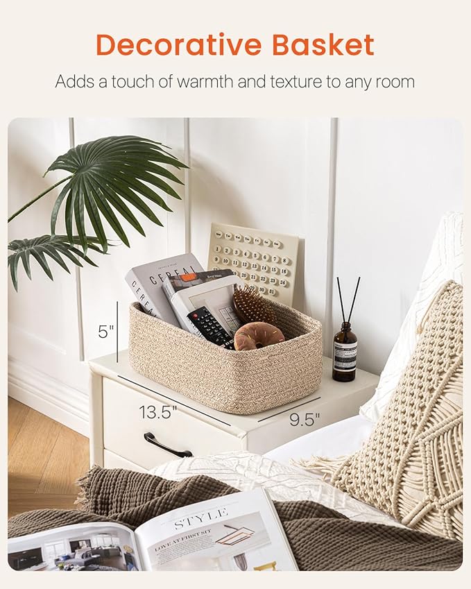 KALLAX Small Woven Basket, 13.5 x 9.5 x 5 Inches, Storage Basket for Organizing, Cute Small Rope Shelf Closet Cube Storage Bins Baskets for Shelves, Dog Toy Gift Baskets Empty, 3 Packs, Mixed Brown