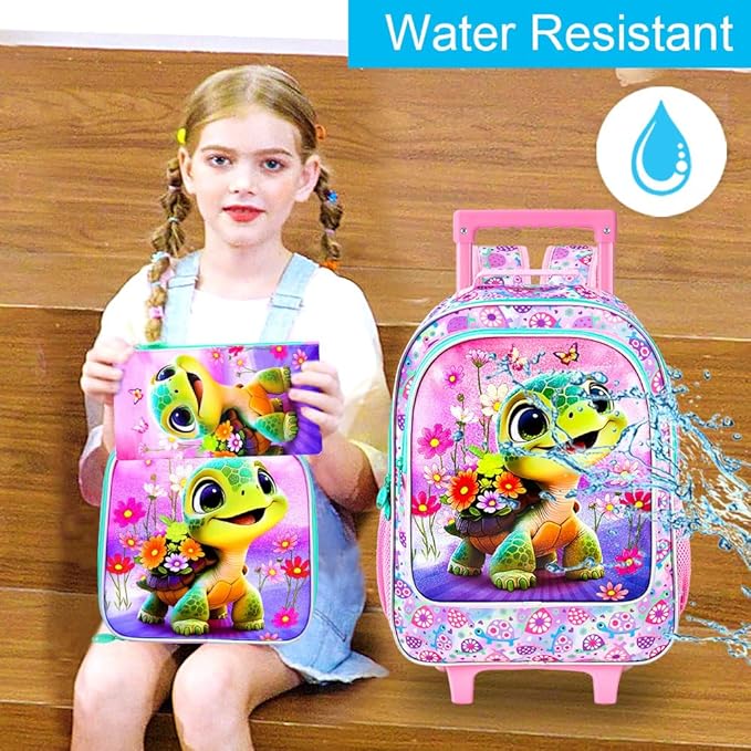 Girls Rolling Backpack, Cute Turtle Roller Wheels Kids Bookbag - Wheeled Elementary School Bag - 3PCS Turtle