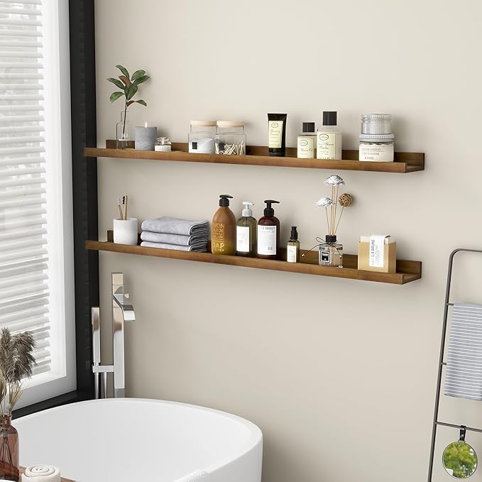 Picture Ledge Wall Shelves 48 inch Width Set of 2, Solid Pine Wood Rustic Floating Ledge Shelves for Wall for Kids' Room Bedroom Kitchen Bathroom Living Room Nursery Display Wall Decor, Walnut