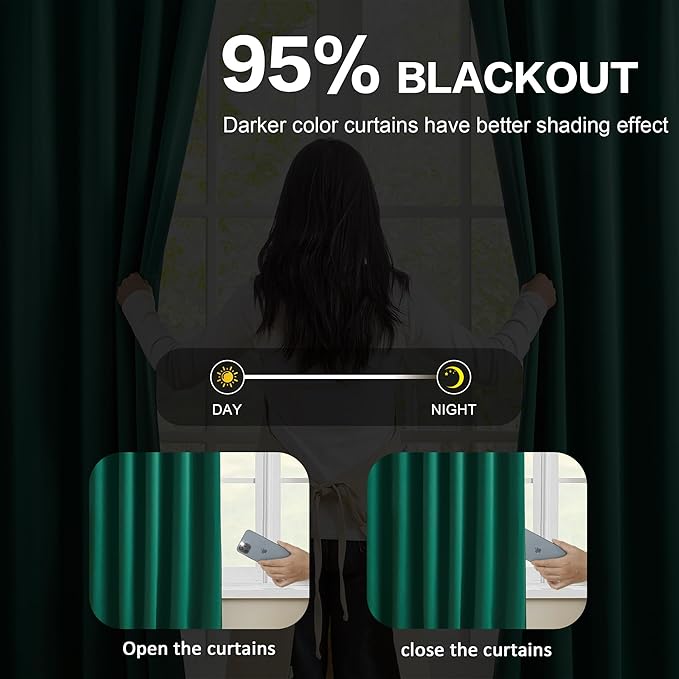 KEQIAOSUOCAI Dark Hunter Green Window Draperies 108 Inches Long 9 FT Tall, Pinch Pleat Room Darkening Thermal Insulated Curtains for Living Room Emaerald Green 40 x 108-inch 2 Panels