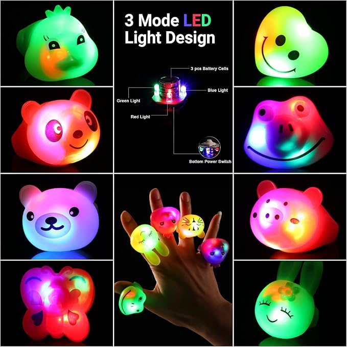 36 Pack Light Up Rings Glow in The Dark Party Supplies, Light up Party Favors, Goodie Bag Stuffers, Birthday Christmas Party Favors Classroom Prizes Cute Animal Treasure Box for Kids