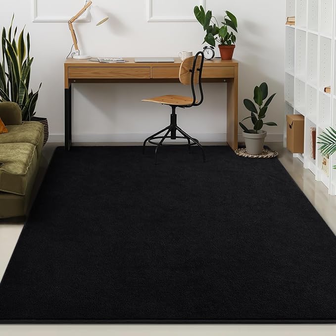 Kimicole 7x10 Washable Area Rugs for Living Room Bedroom, Large Low Pile Ulta-Thin Solid Color Rug, Non-Slip Soft Fluffy Carpet for Nursery Kids Room Dorm Room Home Decor (Black)