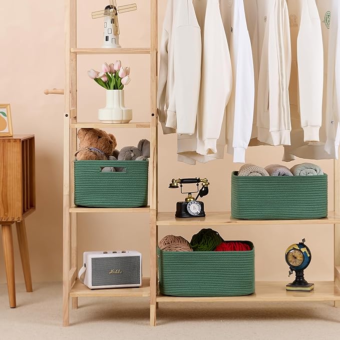 Large Storage Baskets for Shelves, Closet Organizers Bins for Clothes Blanket Towels, Baby Nursery, Toy Baskets Box, Woven Rope Baskets, 17 x 13 x 7.5”, 2 Packs Green