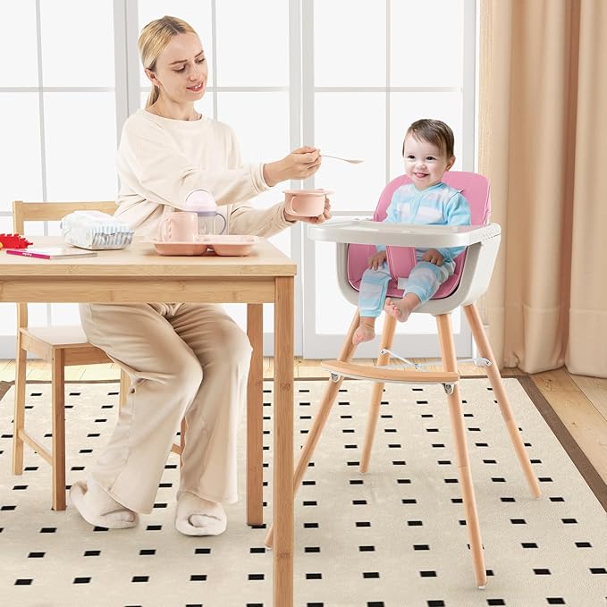 HONEY JOY High Chair, 3-in-1 Eat & Grow Wooden Highchair/Booster Seat/Toddler Chair with Removable Tray, 5-Point Harness, PU Cushion and Footrest for Baby, High Chair for Babies and Toddlers(Pink)