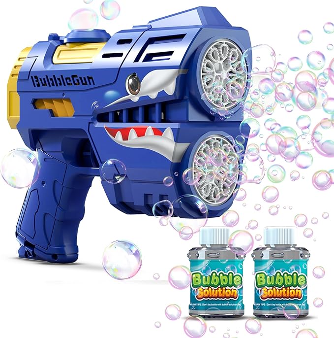 Rechargeable Blue Shark Bubble Guns for Kids, LED Light Up Bubble Machine Blower with 2 Bottles Bubble Refill Solution for Kids, Bubble Makers Blaster for Toddlers, Summer WeddingToys Gift