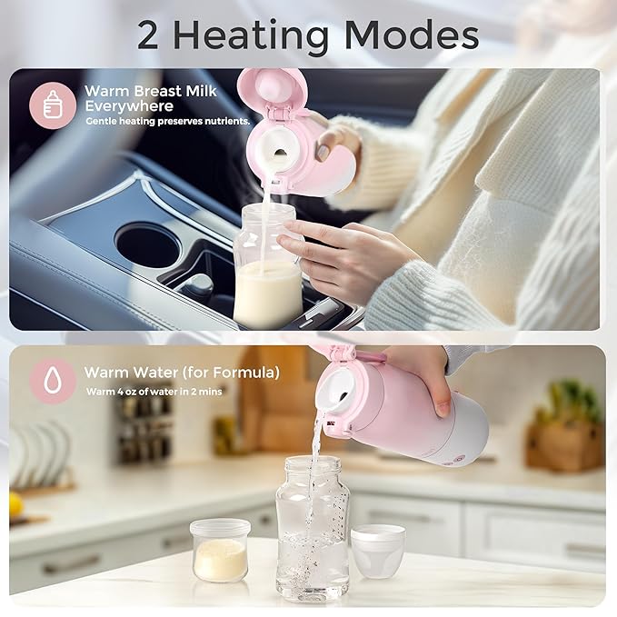 Portable Bottle Warmer for Travel, Dual Heating Modes for Breastmilk & Water, Portable Bottle Milk Warmer with Fast Heating & Long Battery Life, 10 Ounces Large Capacity (Pink)