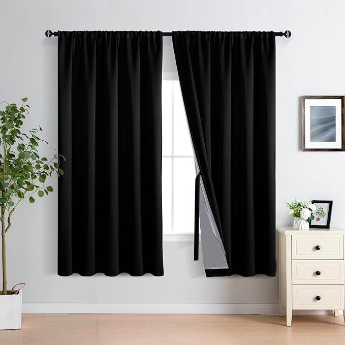XWZO 100% Blackout Curtain Panels - Extra Wide Thermal Insulated Black Liner, Noise Reducing and Heat Blocking Rod Pocket Drapes for Hall and Studio Windows with Tiebacks, Black, W70 x L63, Set of 2