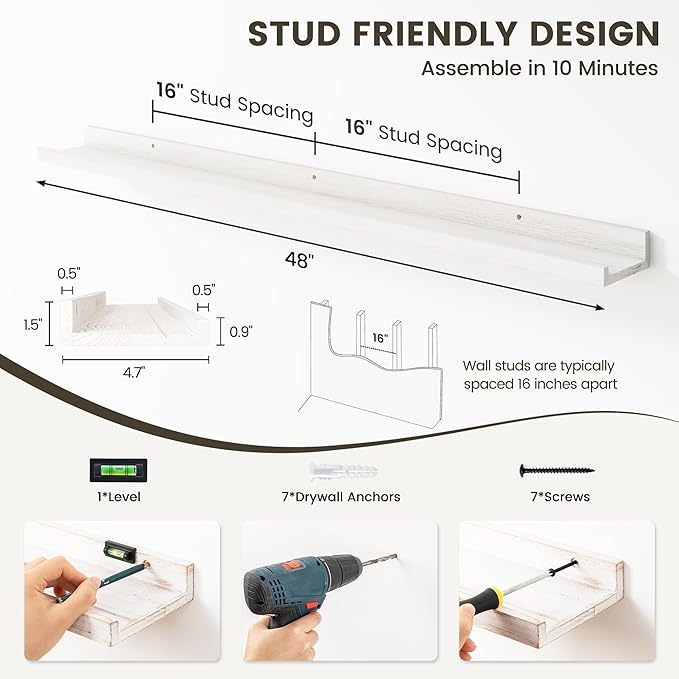 Picture Ledge Shelf, 48 Inch Long Floating Shelves for Wall, Nursery Bookshelf for Storage with Lip, Rustic Elm Wood Photo Ledge Shelves for Bedroom, Living Room, Kitchen (White, 48in Set of 2)