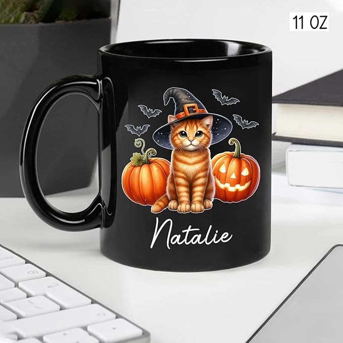 Custom Halloween Orange Tabby Coffee Cup, Personalized Name Orange Tabby with Pumpkins Ceramic Mug, Cat Witch Pumpkin Mug 11oz 15oz, Pet Cat Halloween Black Cup, Gift Idea for Pet Enthusiast