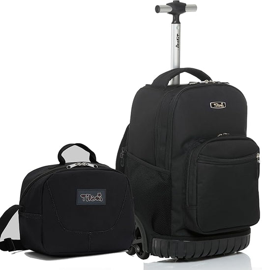 NEW TILAMI 18 inch Rolling Backpack for Kids - Waterproof, Stair-Climbing, Durable, Personalized Design for School, Travel, Black