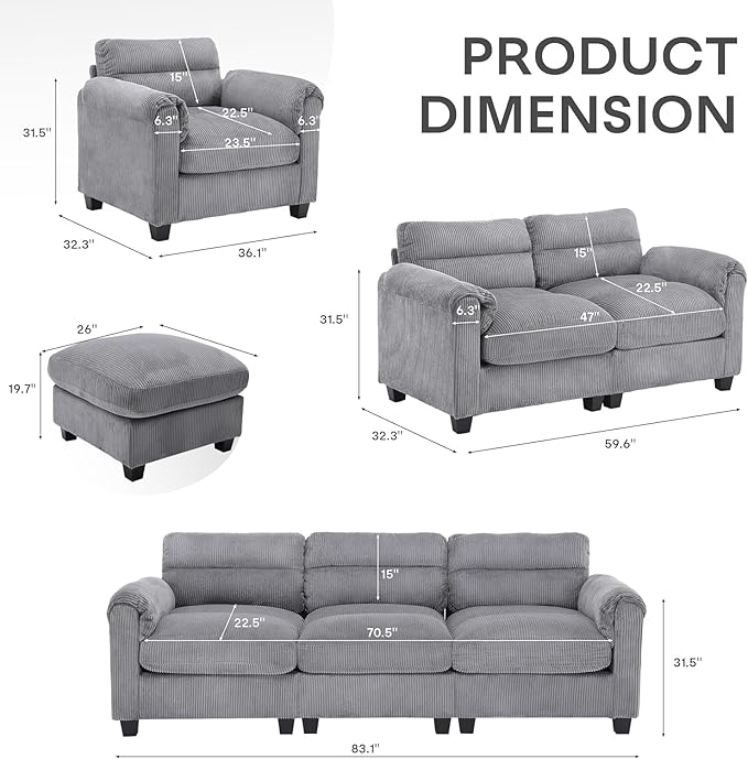 HAOMARKETS Corduroy 2-Piece Sofa Set, Upholstered Ottoman and Loveseat 2-Seater - Image 2
