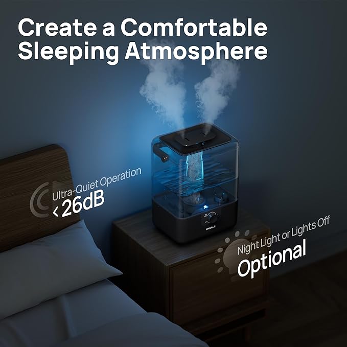 CHIVALZ 6L Humidifiers for Bedroom Large Room Home, Cool Mist Top Fill Humidifiers for Baby Nursery and Plants, 26dB Quiet, Nightlight, Up to 50 Hours, Oil Diffuser 1 Pack + 2 Mist Outlets Black