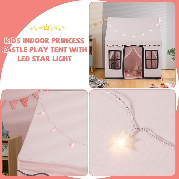 INFANS Kids Play Tent with Washable Mat Star Light Windows, Anti-Trip Large Playhouse Toys for Children Boys Girls, Indoor Outdoor Princess Tents Castle for Toddlers (Pink)