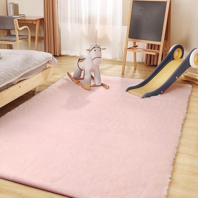 Pink Rug, 4x5.8 Area Rugs for Bedroom, Soft Plush Area Rugs for Living Room, Non-Slip Indoor Carpet for Nursery, Study Room, Playroom, Home Decor