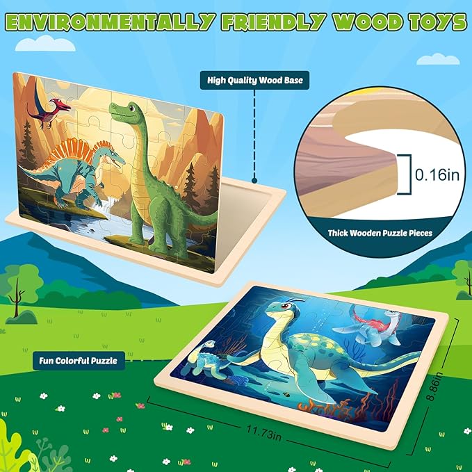 Wooden Dinosaurs Puzzles for Kids Age 3 4 5 Year Old, 4 Pack 24 Pcs Montessori Toddler Jigsaw Puzzles for Girl boy Activities Preschool Learning Educational Birthday Gift Travel Autistic Wooden Toys