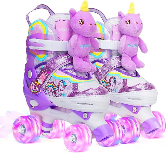 Unicorn Doll Kids Toddler Roller Skates for Girls,WESKIFAN Quad Skating Shoes with Shiny Light up Wheels&Adjustable Sizes Beginners rollerskates for Birthday Xmas Gifts,Patines para Niñas Niños