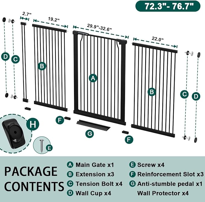 Fairy Baby 40.5" Extra Tall Baby Gate, 72.3"-76.7" Extra Wide Large Dog Pet Gate Indoor, Long Safety Child Gate for Stairs No Drill, Metal Auto Close Puppy Gate for House Doorway Walk Through, Black