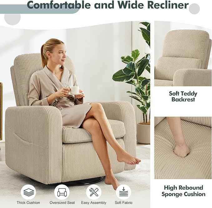 Swivel Rocker Recliner, Oversized Manual Nursery Glider Rocking Recliner Chair with Removable Cushion, Upholstered Swivel Reclining Chair for Nursery Living Room Bedroom, Corduroy Camel